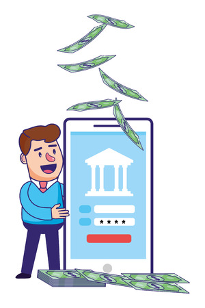 saving money finance concept with technology device and bank elements with executive business man cartoon vector illustration graphic designのイラスト素材