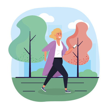 fun woman with smartphone technoogy and trees vector illustrationのイラスト素材