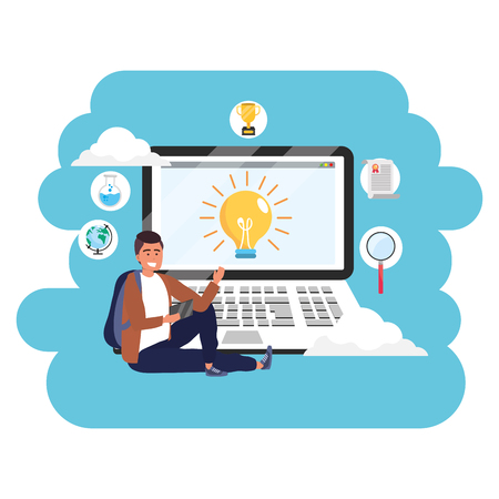 Online education millennial student wearing jacket and backpack sitting laptop lightbulb screen splash frame vector illustration graphic designのイラスト素材