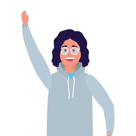 young happy man raised hand cartoon vector illustration graphic designのイラスト素材