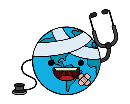 world saving eco hurt with stethoscope and bandage plaster cartoon vector illustration graphic designのイラスト素材