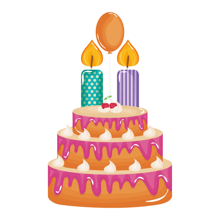 delicious sweet cake with cherries and candles ,balloon helium vector illustrationのイラスト素材