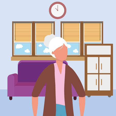 casual happy people old woman indoor scene at house home with furniture cartoon vector illustration graphic designのイラスト素材