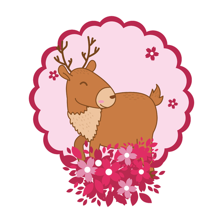 cute little animal deer flowers frame cartoon vector illustration graphic designのイラスト素材