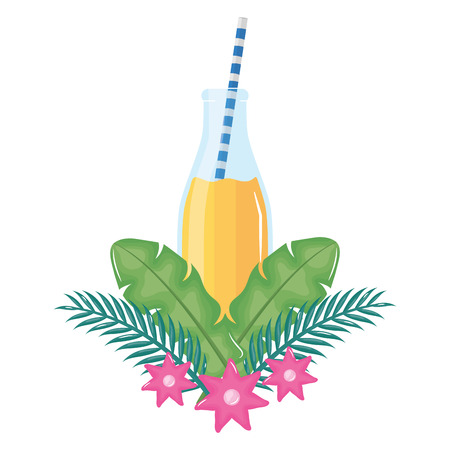 fresh juice fruit in botttle with straw in floral decoration vector illustration designのイラスト素材