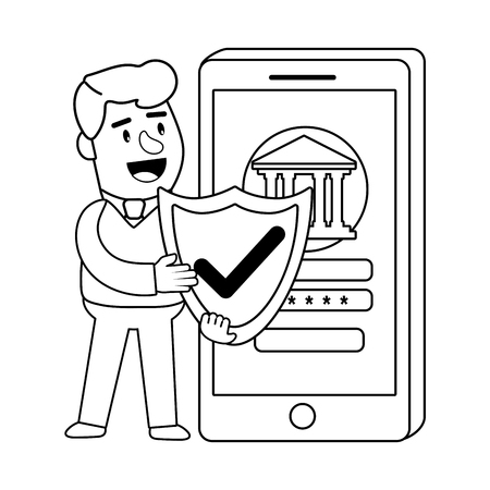 Digital banking services online tools smartphone password security black and white vector illustration graphic designのイラスト素材