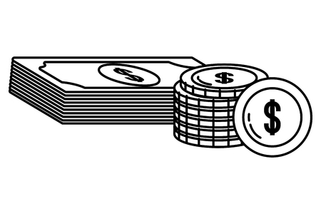 Currency money bill and coin stack finance business planing black and white vector illustration graphic designのイラスト素材