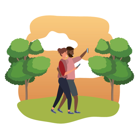Millennial couple smartphone taking selfie sweater and shorts bearded nature trees bushes background frame vector illustration graphic designのイラスト素材