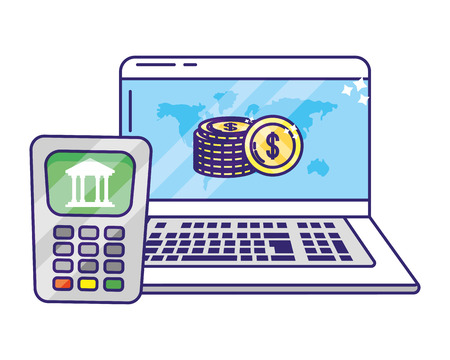 saving money finance concept with technology device and bank elements cartoon vector illustration graphic designのイラスト素材