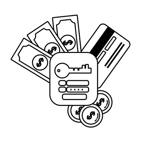 Digital banking services online tools credit card operation password security black and white vector illustration graphic designのイラスト素材