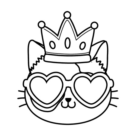 cat with heart sunglasses and crown icon cartoon black and white vector illustration graphic designのイラスト素材