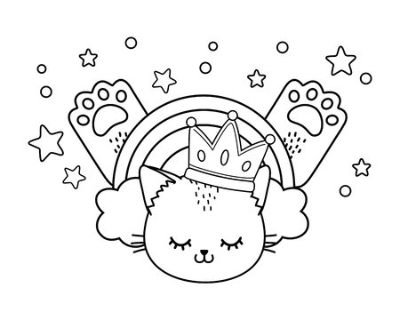 cat with crown rainbow and paws icon cartoon black and white vector illustration graphic designのイラスト素材