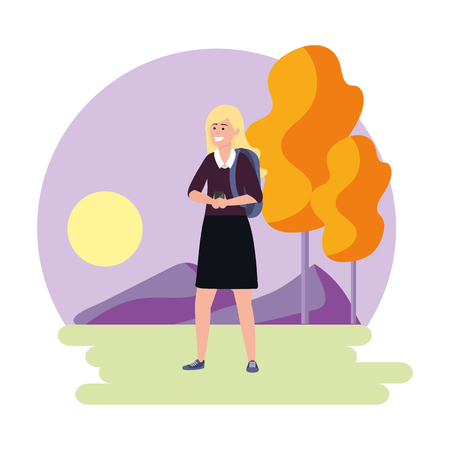 Millennial student blonde woman wearing skirt using smartphone texting outdoors colorful nature background with trees frame vector illustration graphic designのイラスト素材