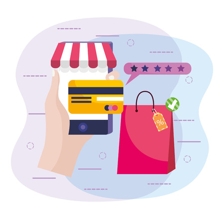 hand with smartphone technology to online shopping with credit cardのイラスト素材