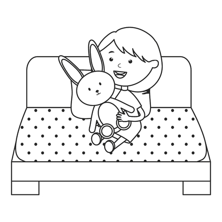 cute little girl with rabbit stuffed in the bed vector illustration designのイラスト素材
