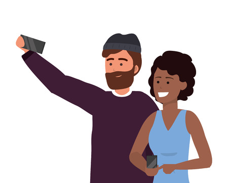 Millennial couple date using smartphone taking selfie smiling posing beanie afro bearded vector illustration graphic designのイラスト素材