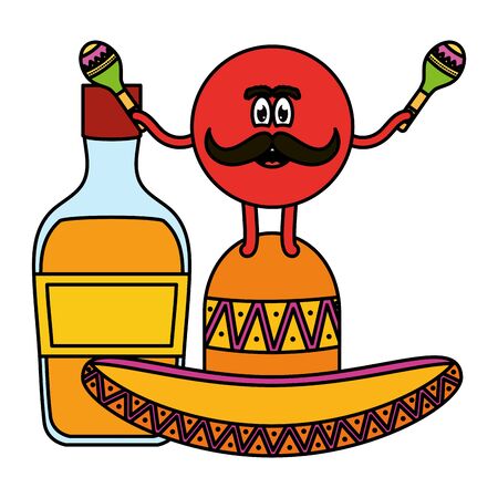 mexican emoji with hat and tequila bottle vector illustration designのイラスト素材