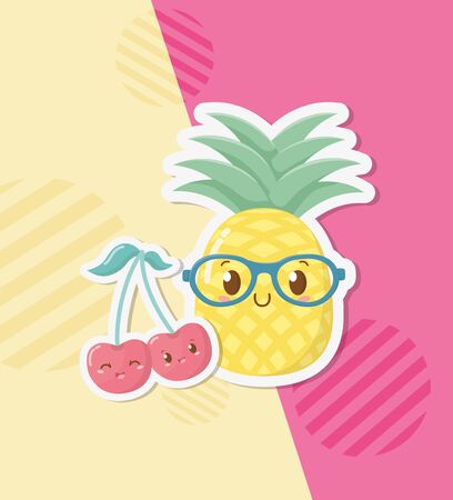 fresh pineapple and cherries fruits kawaii characters vector illustration designのイラスト素材