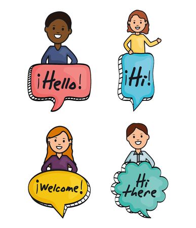 young people and speech bubbles with messages vector illustration designのイラスト素材