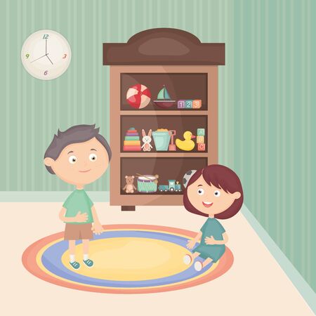 little kids couple playing with toys in the room vector illustration designのイラスト素材