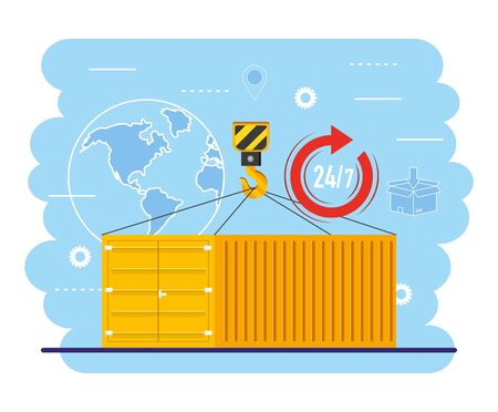 containers with crane hook and global map service vector illustrationのイラスト素材