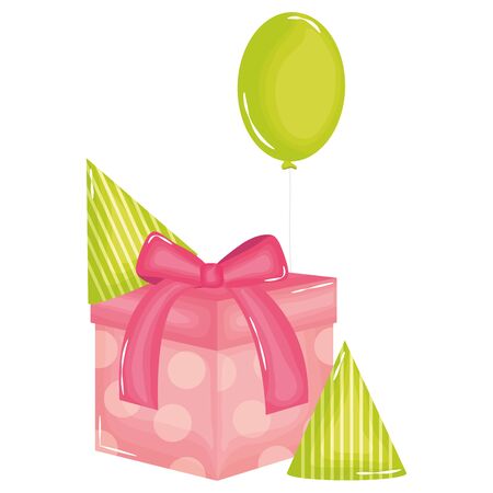 gift box with party hat and balloons helium floating vector illustration designのイラスト素材