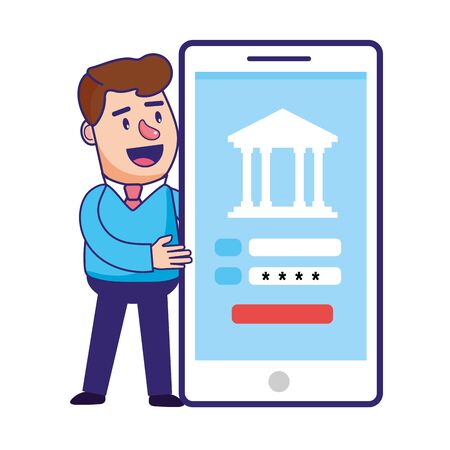 saving money finance concept with technology device and bank elements with executive business man cartoon vector illustration graphic designのイラスト素材