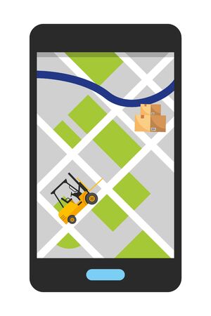 cellphone showing map with lift truck and boxes vector illustration graphic designのイラスト素材