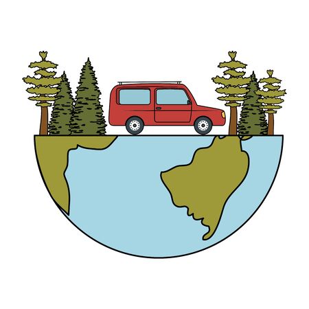 pines trees forest scene with car vector illustration designのイラスト素材