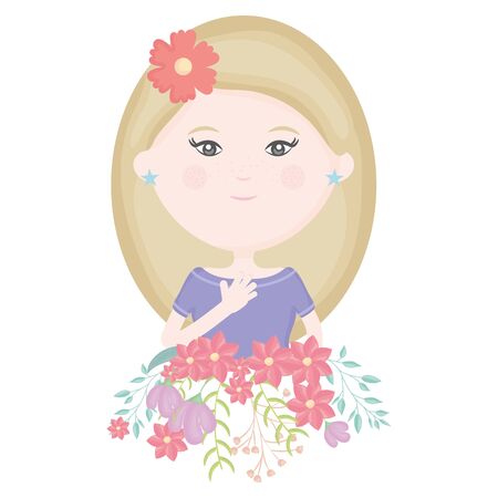 cute girl with floral bouquet and flower in hair characterのイラスト素材