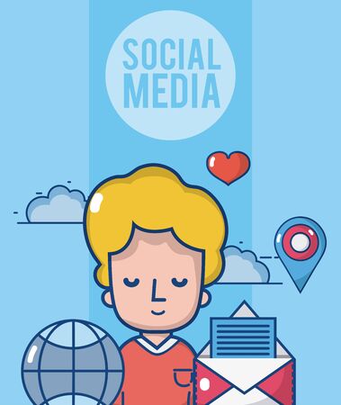 Illustration for Boy with social media and network symbols cartoons vector illustration graphic design - Royalty Free Image