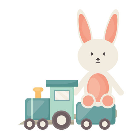 Little train with bunny toys square frame and birthday elementsのイラスト素材