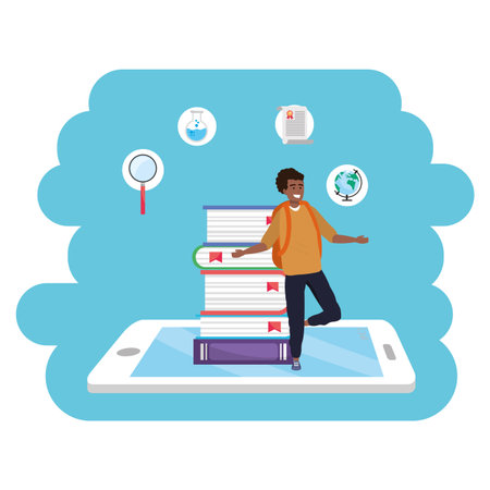 Online education millennial student afro man wearing sweater and backpack tablet and book stack background young person career search splash frame vector illustration graphic designのイラスト素材