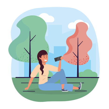 fun woman seating with smartphone and trees vector illustrationのイラスト素材