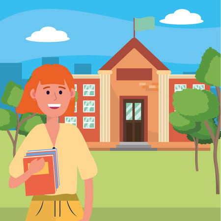 young happy woman student at high school building cartoon vector illustration graphic designのイラスト素材