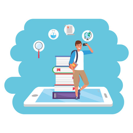 Online education millennial student wearing shorts tablet and book stack background young person career search splash frame vector illustration graphic designのイラスト素材