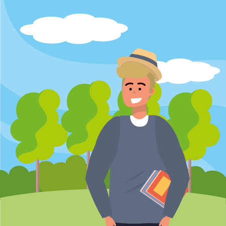 Millennial student blond man wearing posing and smiling happy nature background vector illustration graphic designのイラスト素材