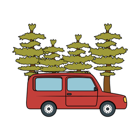 pines trees forest scene with car vector illustration designのイラスト素材