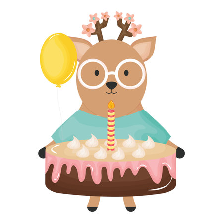 reindeer with sweet cake and balloon helium in party celebration vector illustrationのイラスト素材