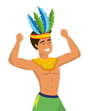 man celebrating brazil carnival with feather headdress and arms up vector illustration graphic designのイラスト素材