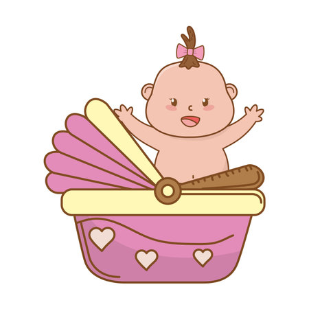 cute baby shower baby with babycare elements cartoon vector illustration graphic designのイラスト素材