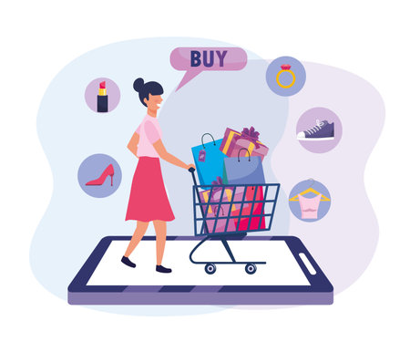 woman with shopping cart and bags to ecommerce technology vector illustrationのイラスト素材