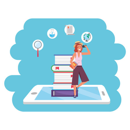 Online education millennial student redhead woman wearing shorts and hat tablet and book stack background young person career search splash frame vector illustration graphic designのイラスト素材