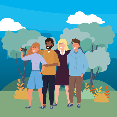 Millennial group using smartphone taking selfie redhead blonde hoodie nature trail trees bushes cityscape background vector illustration graphic designのイラスト素材