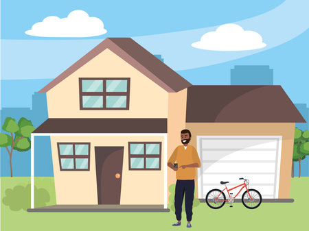 Millennial using smartphone browsing texting suburban house garage bicycle afro beard background vector illustration graphic designのイラスト素材