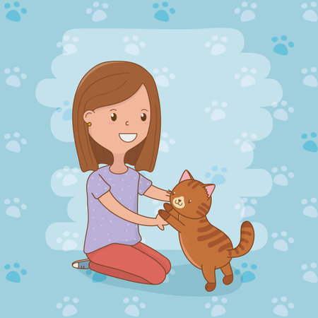 young woman with cute cat mascot vector illustration designのイラスト素材