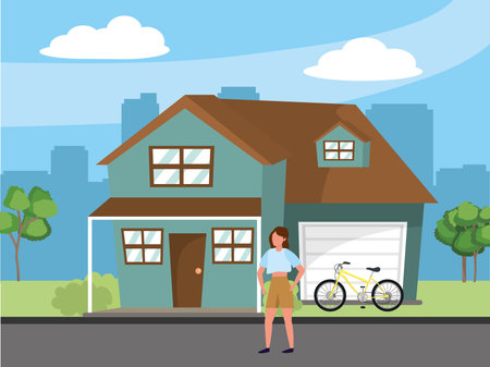 casual happy people woman in front urban house home cartoon vector illustration graphic designのイラスト素材