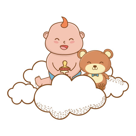 baby shower happy baby holding bottle between clouds cartoon card isolated vector illustration graphic designのイラスト素材