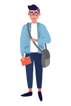 young happy man wearing backpack cartoon vector illustration graphic designのイラスト素材