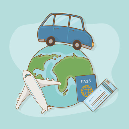 world planet with car and travel vacations itemsのイラスト素材